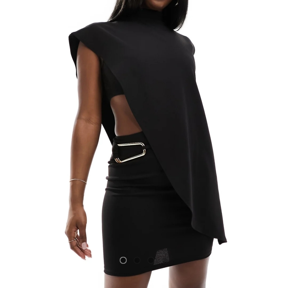 Elegant Black Women's Dress With Cutout and Metal Detail